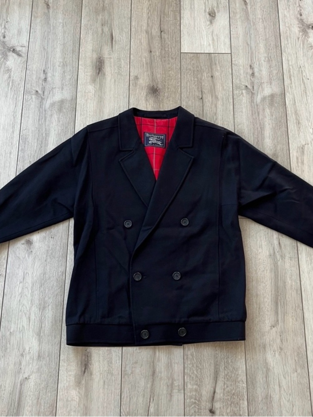 BURBERRY Black Double-Breasted Wool Blazer with Red Plaid Lining - Picture 7 of 14